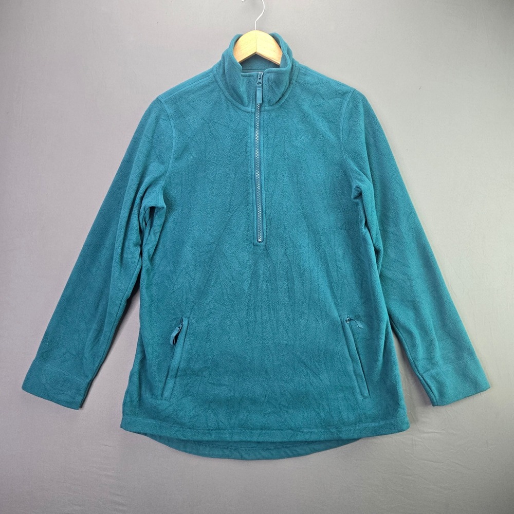 Lands End Fleece Pullover Quarter Zip Jacket Size M 10-12 Teal Zip Pockets P3664